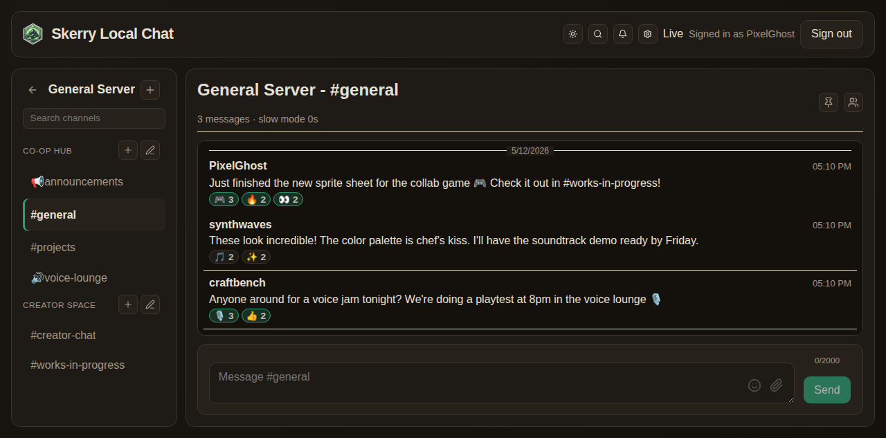 Skerry chat interface showing #general channel with messages and reactions