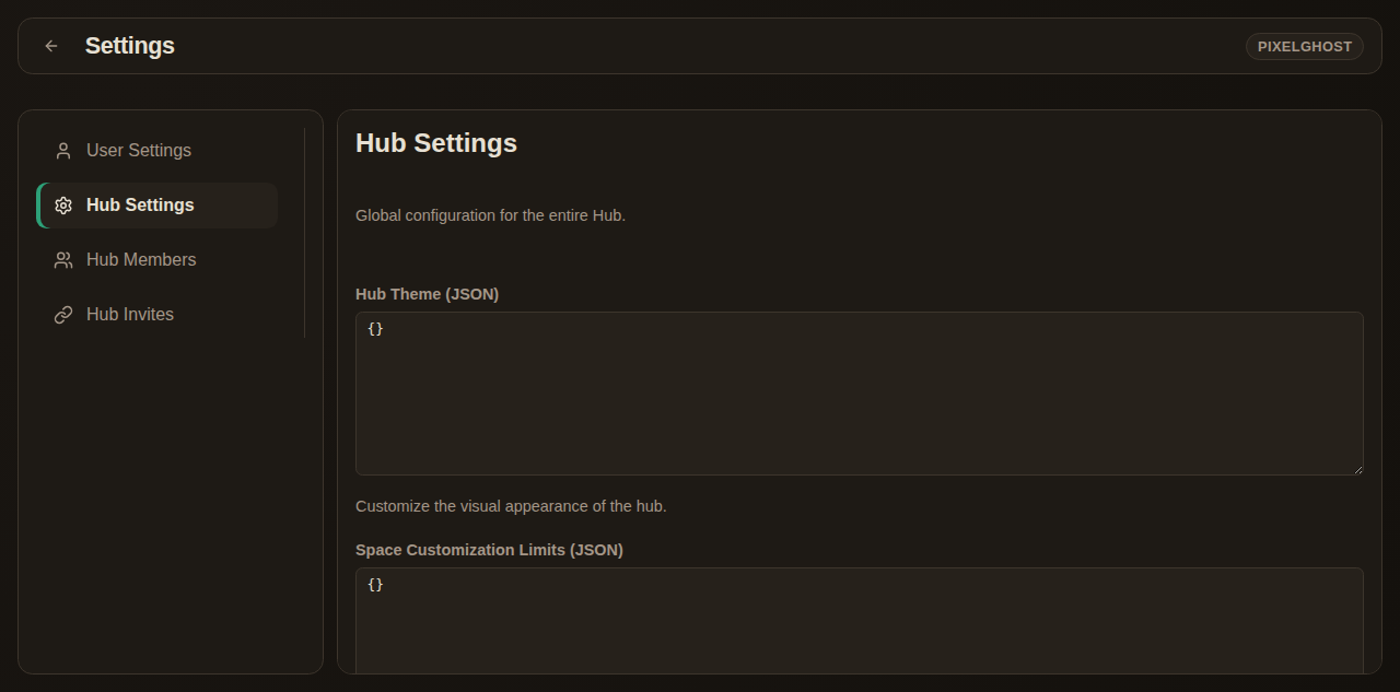 Hub settings dashboard with admin controls