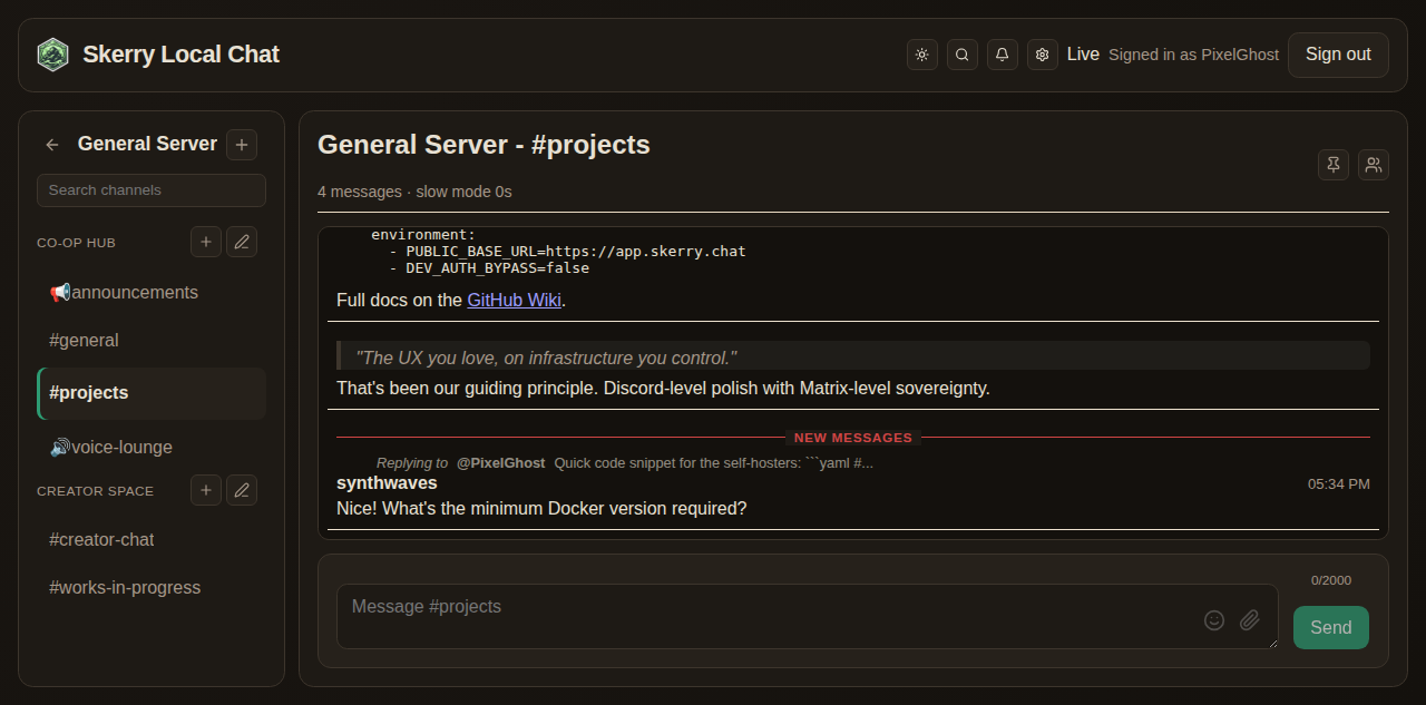 Rich chat with markdown, pinned messages, and threaded conversations